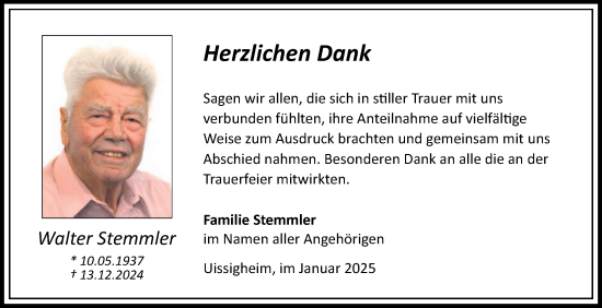 Traueranzeige von Walter Stemmler von Fränkische Nachrichten