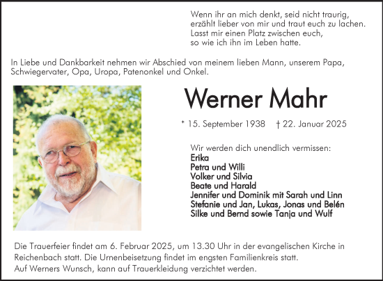 Traueranzeige von Werner Mahr von Bergsträßer Anzeiger