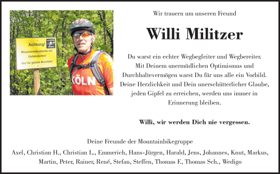 Traueranzeige von Willi Militzer von Fränkische Nachrichten