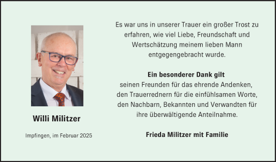 Traueranzeige von Willi Militzer von Fränkische Nachrichten