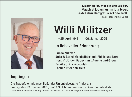 Traueranzeige von Willi Militzer von Fränkische Nachrichten