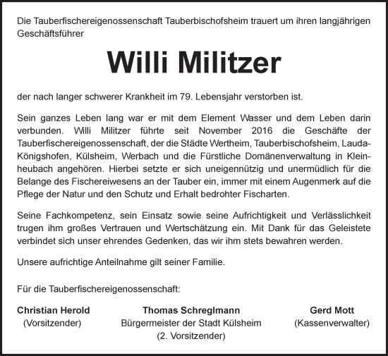 Traueranzeige von Willi Militzer von Fränkische Nachrichten