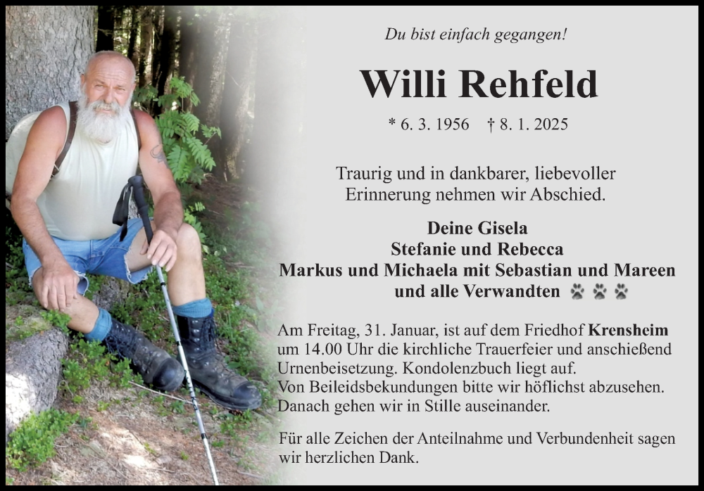  Traueranzeige für Willi Rehfeld vom 25.01.2025 aus Fränkische Nachrichten