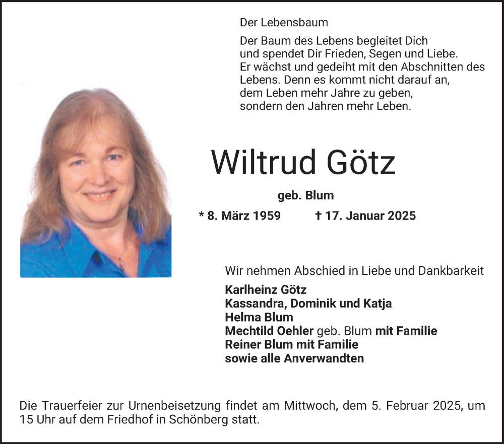  Traueranzeige für Wiltrud Götz vom 01.02.2025 aus Bergsträßer Anzeiger