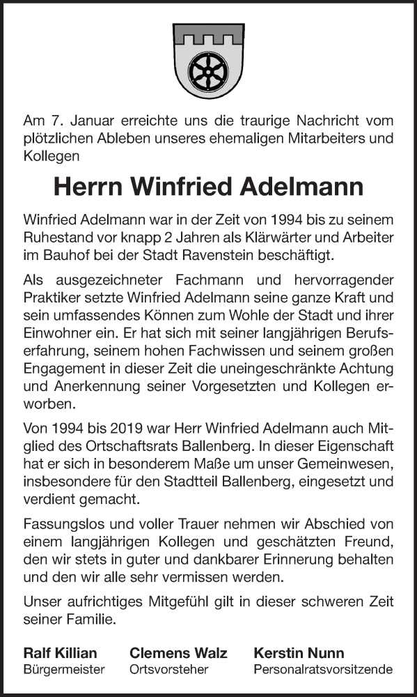  Traueranzeige für Winfried Adelmann vom 13.01.2025 aus Fränkische Nachrichten