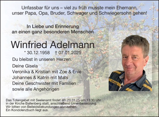 Traueranzeige von Winfried Adelmann von Fränkische Nachrichten