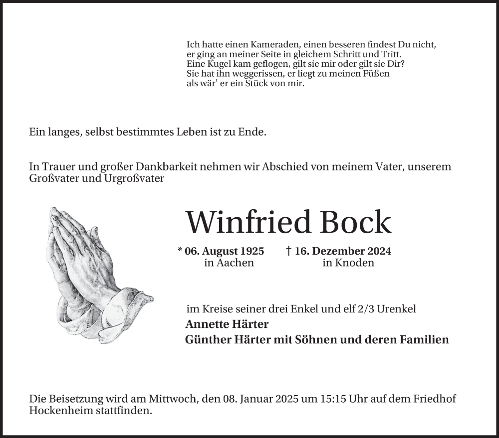  Traueranzeige für Winfried Bock vom 04.01.2025 aus Schwetzinger Zeitung