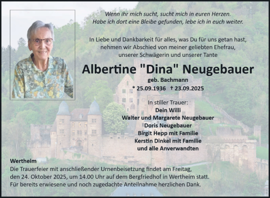 Traueranzeige von Albertine Neugebauer von Fränkische Nachrichten