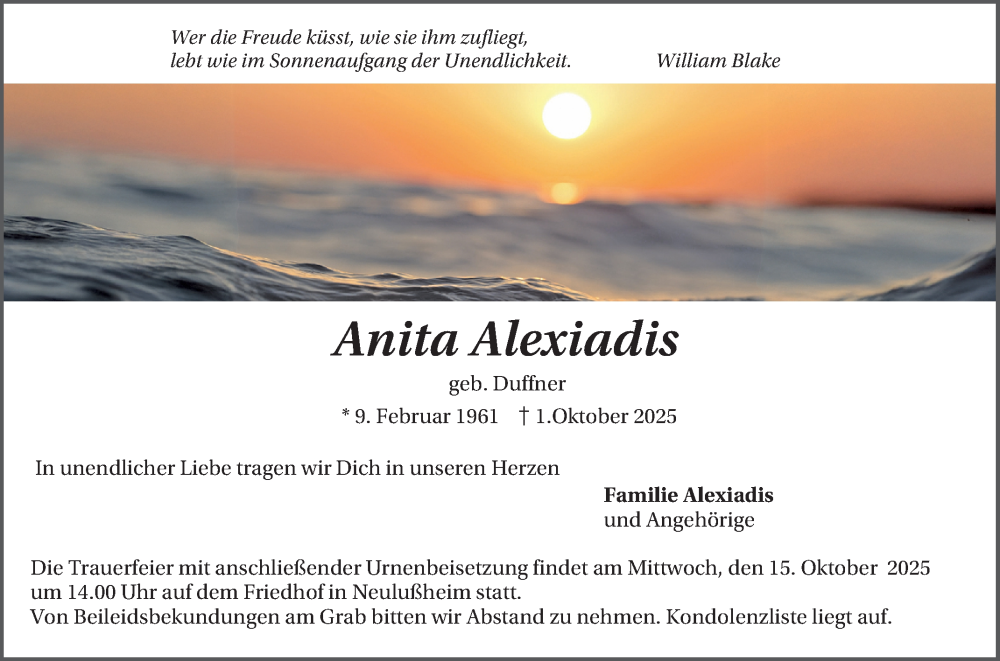  Traueranzeige für Anita Alexiadis vom 11.10.2025 aus Schwetzinger Zeitung