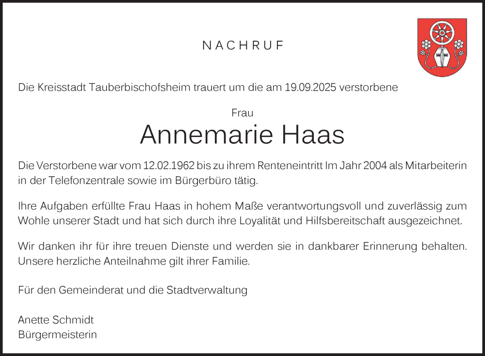  Traueranzeige für Annemarie Haas vom 18.10.2025 aus Fränkische Nachrichten