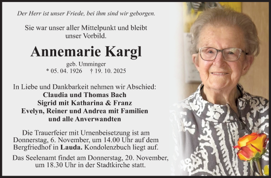 Traueranzeige von Annemarie Kargl von Fränkische Nachrichten