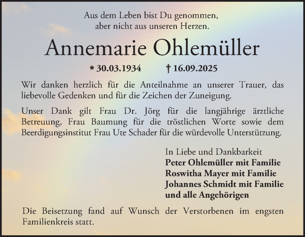 Traueranzeige für Annemarie Ohlemüller vom 04.10.2025 aus Bergsträßer Anzeiger