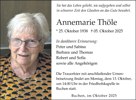 Traueranzeige von Annemarie Thöle von Fränkische Nachrichten