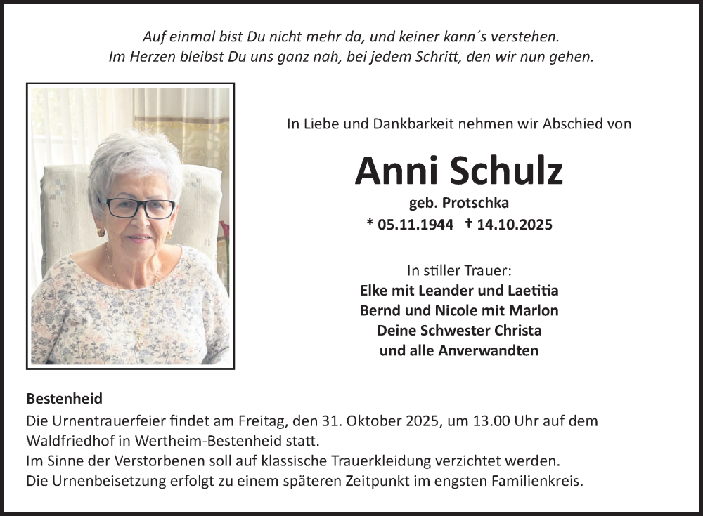  Traueranzeige für Anni Schulz vom 22.10.2025 aus Fränkische Nachrichten