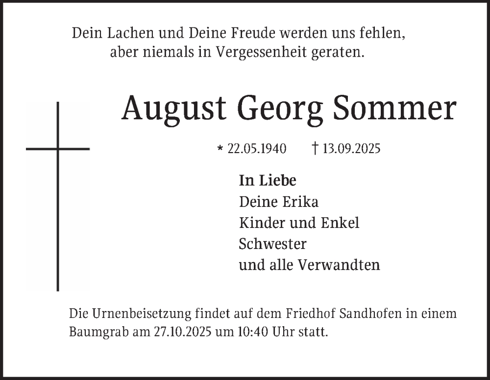  Traueranzeige für August Georg Sommer vom 18.10.2025 aus Mannheimer Morgen