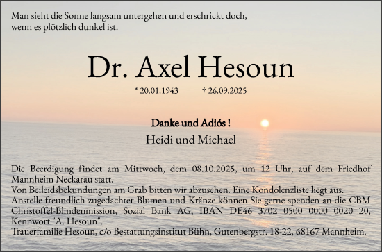 Traueranzeige von Axel Hesoun von Mannheimer Morgen