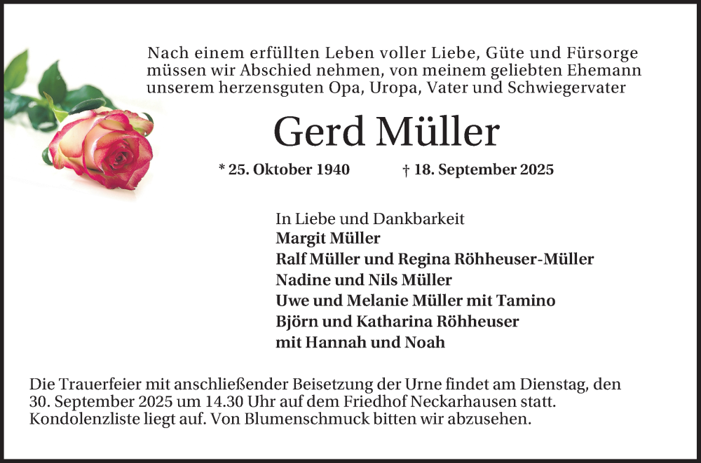 Traueranzeige für Gerd Müller vom 27.09.2025 aus Mannheimer Morgen