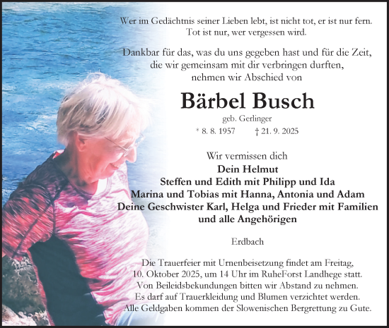 Traueranzeige von Bärbel Busch von Fränkische Nachrichten