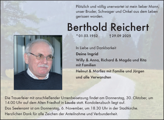 Traueranzeige von Berthold Reichert von Fränkische Nachrichten