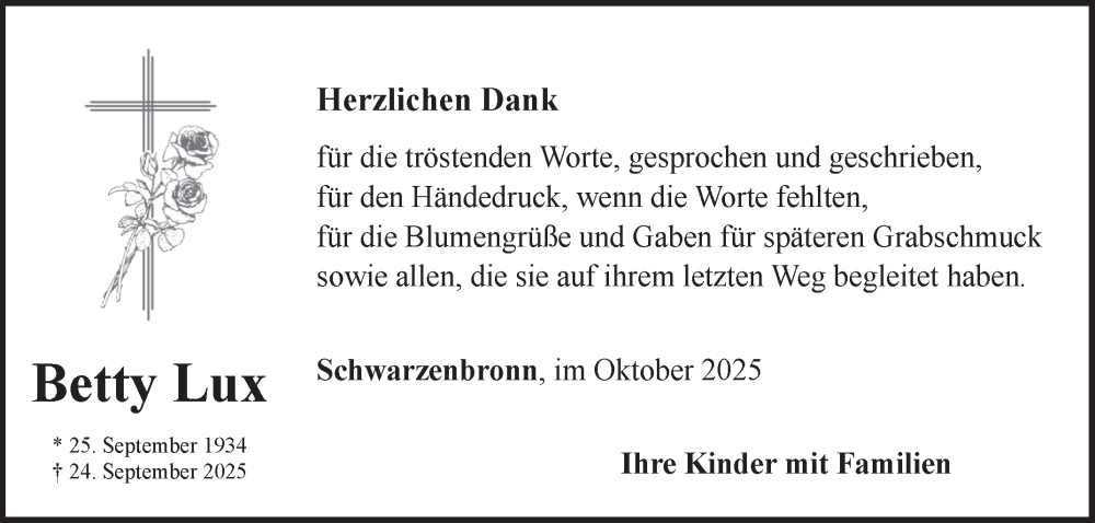  Traueranzeige für Betty Lux vom 18.10.2025 aus Fränkische Nachrichten