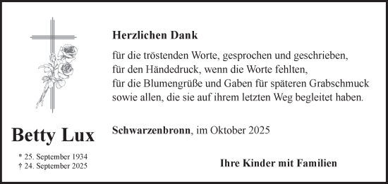 Traueranzeige von Betty Lux von Fränkische Nachrichten