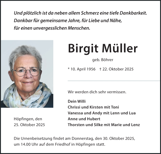 Traueranzeige von Birgit Müller von Fränkische Nachrichten