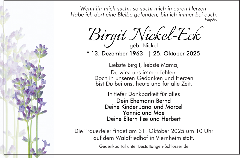  Traueranzeige für Birgit Nickel-Eck vom 29.10.2025 aus Mannheimer Morgen