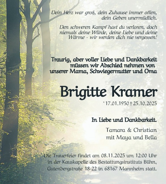 Traueranzeige von Brigitte Kramer von Mannheimer Morgen