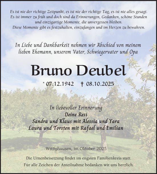 Traueranzeige von Bruno Deubel von Fränkische Nachrichten