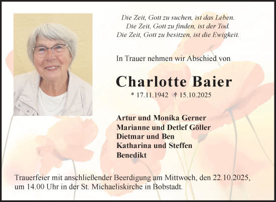 Traueranzeige von Charlotte Baier von Fränkische Nachrichten