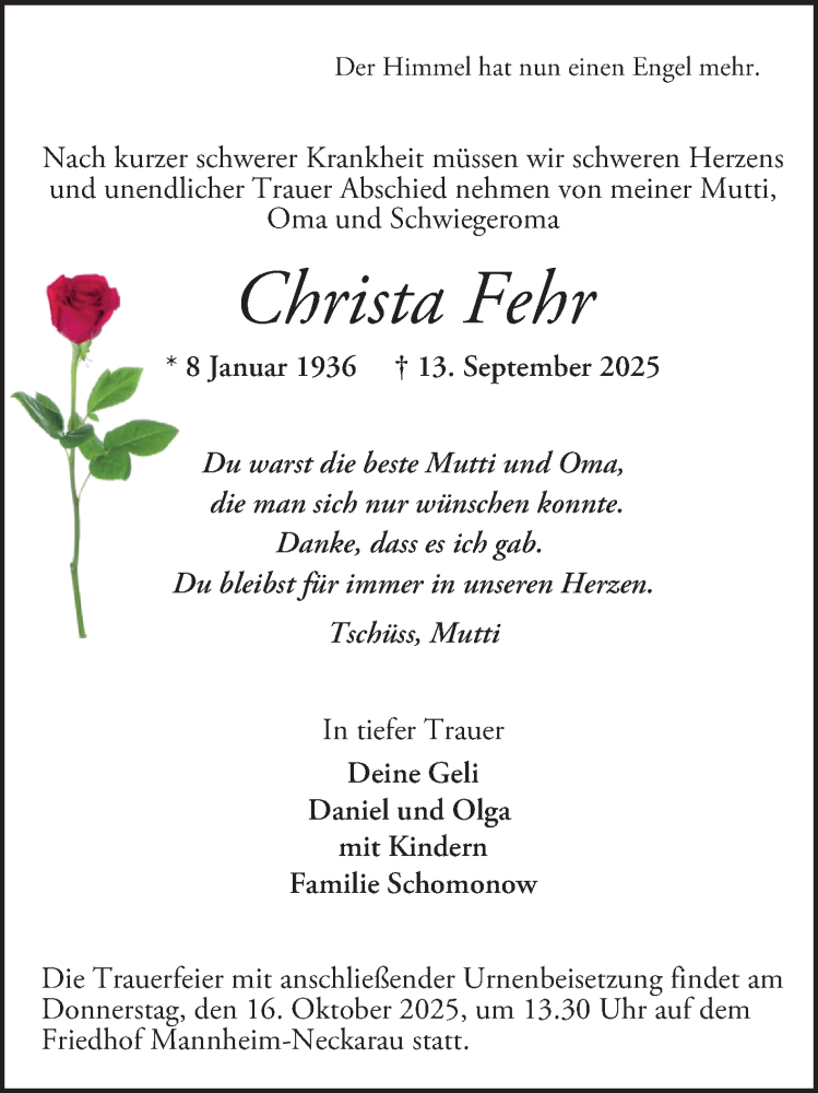  Traueranzeige für Christa Fehr vom 04.10.2025 aus Mannheimer Morgen