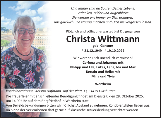 Traueranzeige von Christa Wittmann von Fränkische Nachrichten