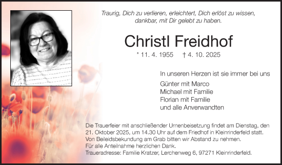 Traueranzeige von Christl Freidhof von Fränkische Nachrichten