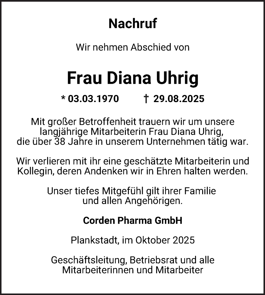  Traueranzeige für Diana Uhrig vom 04.10.2025 aus Schwetzinger Zeitung