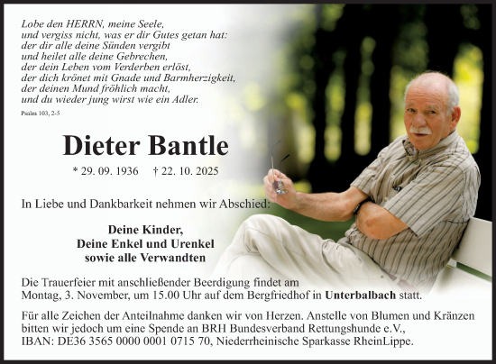 Traueranzeige von Dieter Bantle von Fränkische Nachrichten