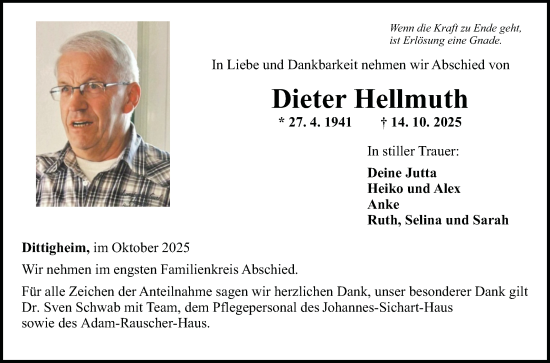 Traueranzeige von Dieter Hellmuth von Fränkische Nachrichten