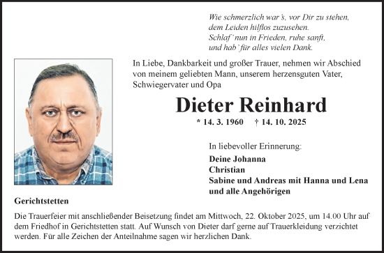 Traueranzeige von Dieter Reinhard von Fränkische Nachrichten