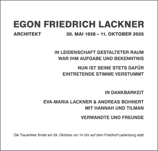 Traueranzeige von Egon Friedrich Lackner von Mannheimer Morgen