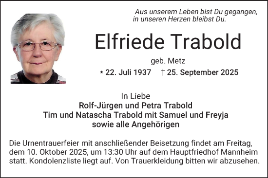 Traueranzeige von Elfriede Trabold von Mannheimer Morgen