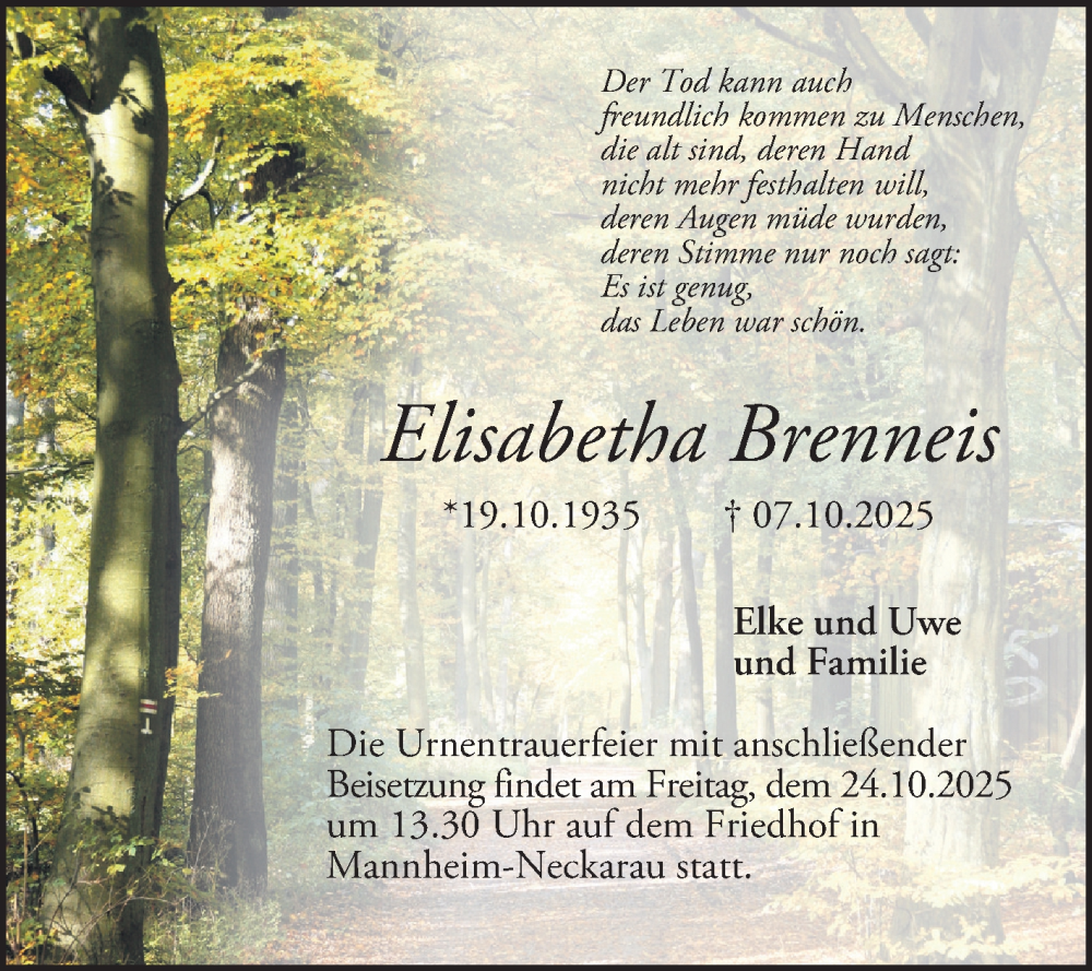  Traueranzeige für Elisabetha Brenneis vom 18.10.2025 aus Mannheimer Morgen