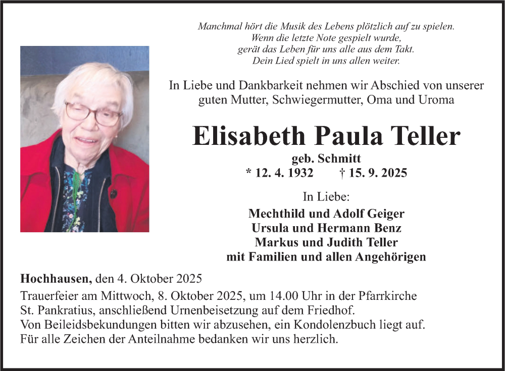  Traueranzeige für Elisabeth Paula Teller vom 04.10.2025 aus Fränkische Nachrichten