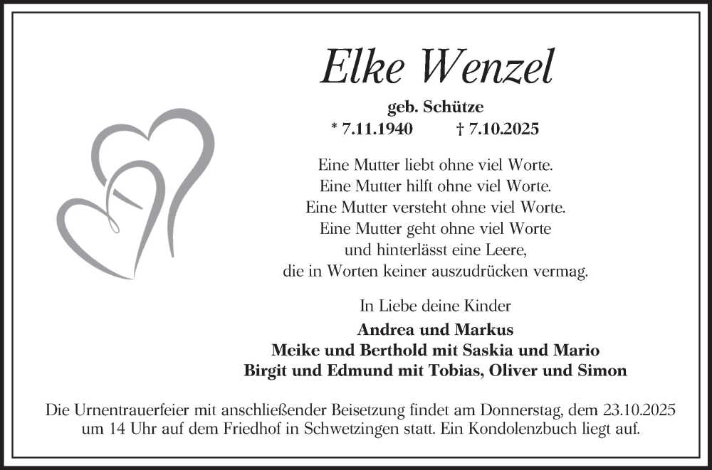  Traueranzeige für Elke Wenzel vom 18.10.2025 aus Schwetzinger Zeitung