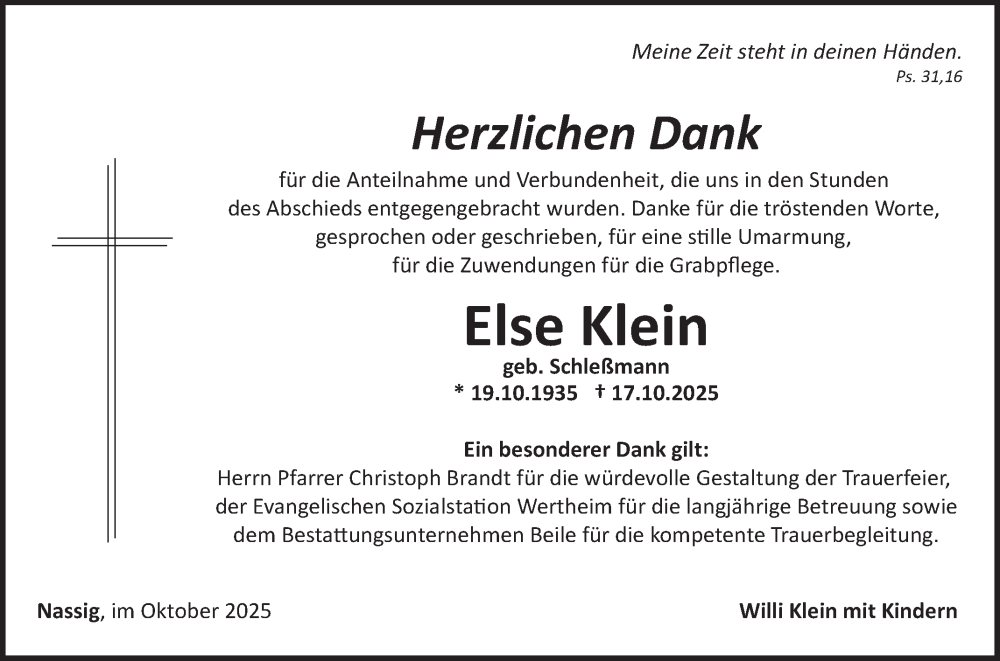  Traueranzeige für Else Klein vom 31.10.2025 aus Fränkische Nachrichten