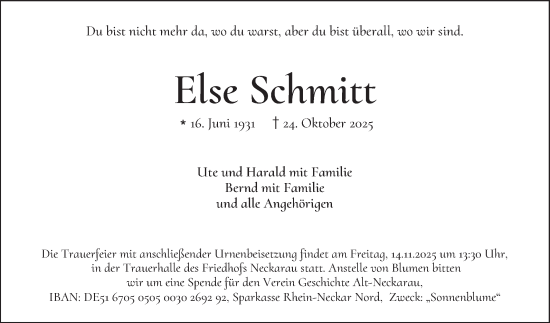 Traueranzeige von Else Schmitt von Mannheimer Morgen