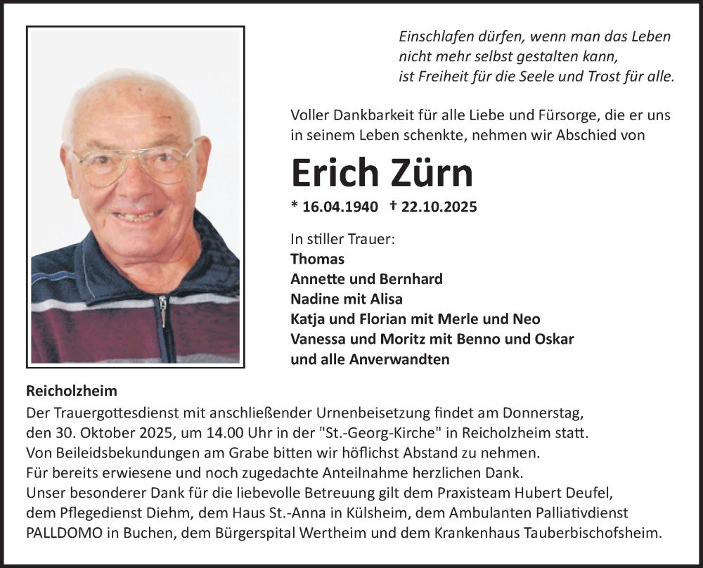  Traueranzeige für Erich Zürn vom 25.10.2025 aus Fränkische Nachrichten