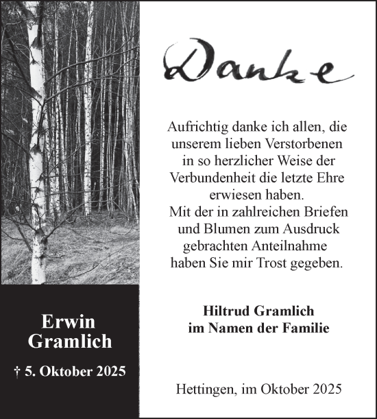 Traueranzeige von Erwin Gramlich von Fränkische Nachrichten
