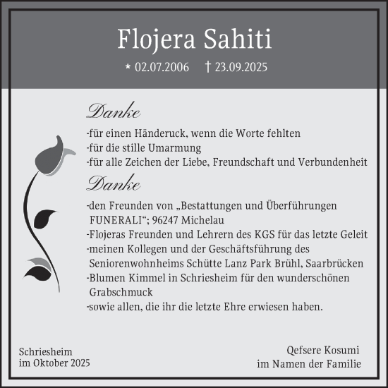 Traueranzeige von Flojera Sahiti von Mannheimer Morgen
