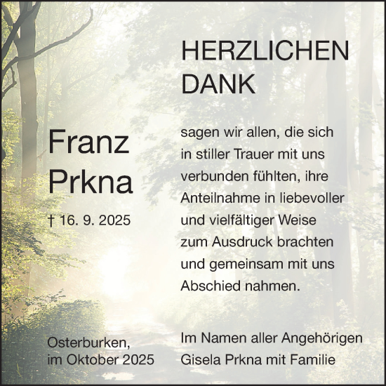 Traueranzeige von Franz Prkna von Fränkische Nachrichten
