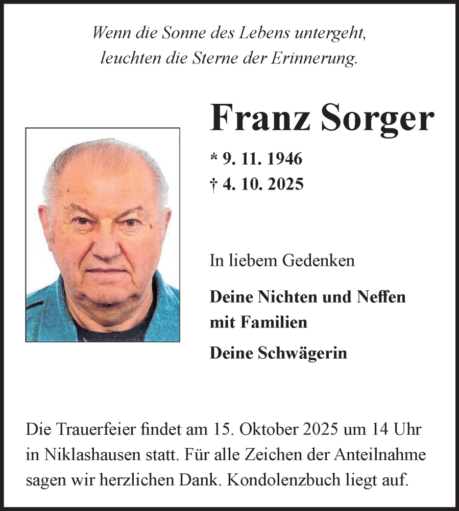  Traueranzeige für Franz Sorger vom 11.10.2025 aus Fränkische Nachrichten