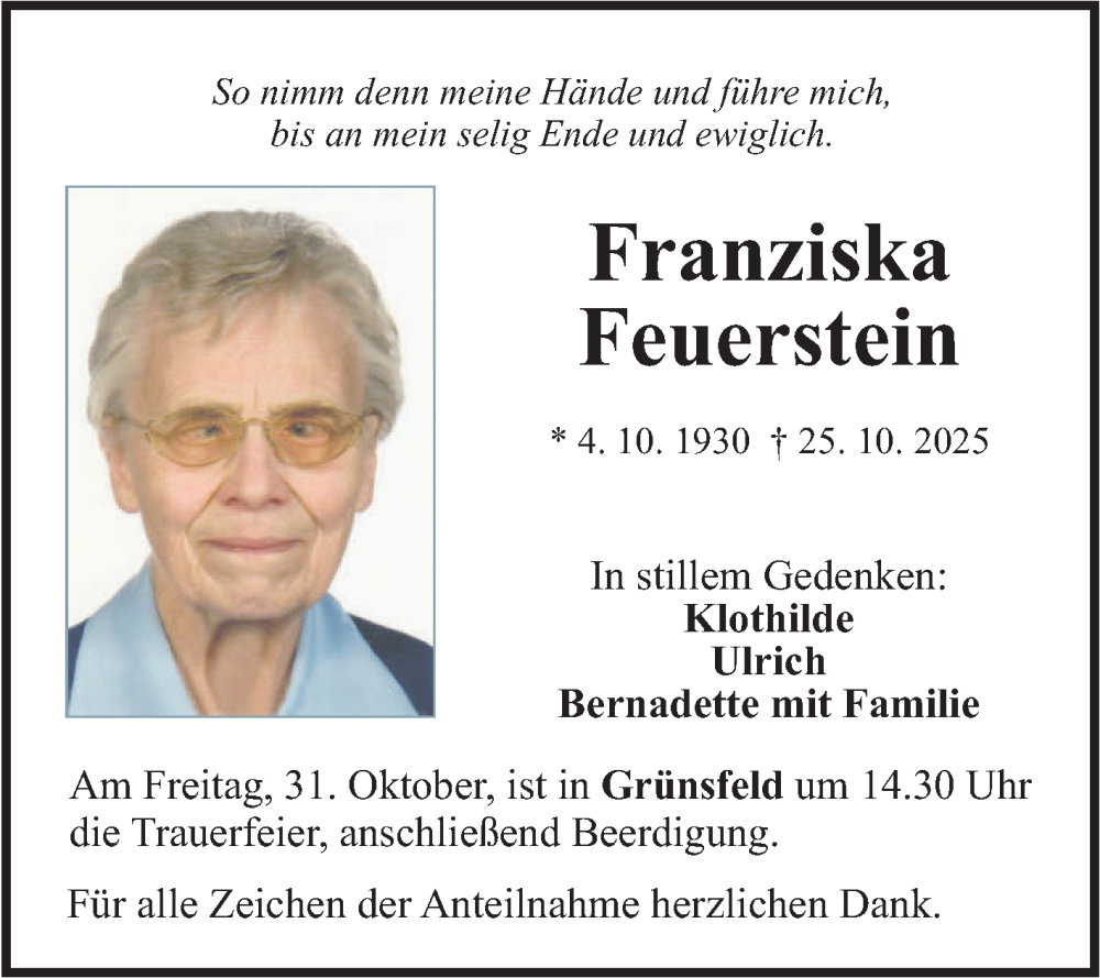  Traueranzeige für Franziska Feuerstein vom 28.10.2025 aus Fränkische Nachrichten
